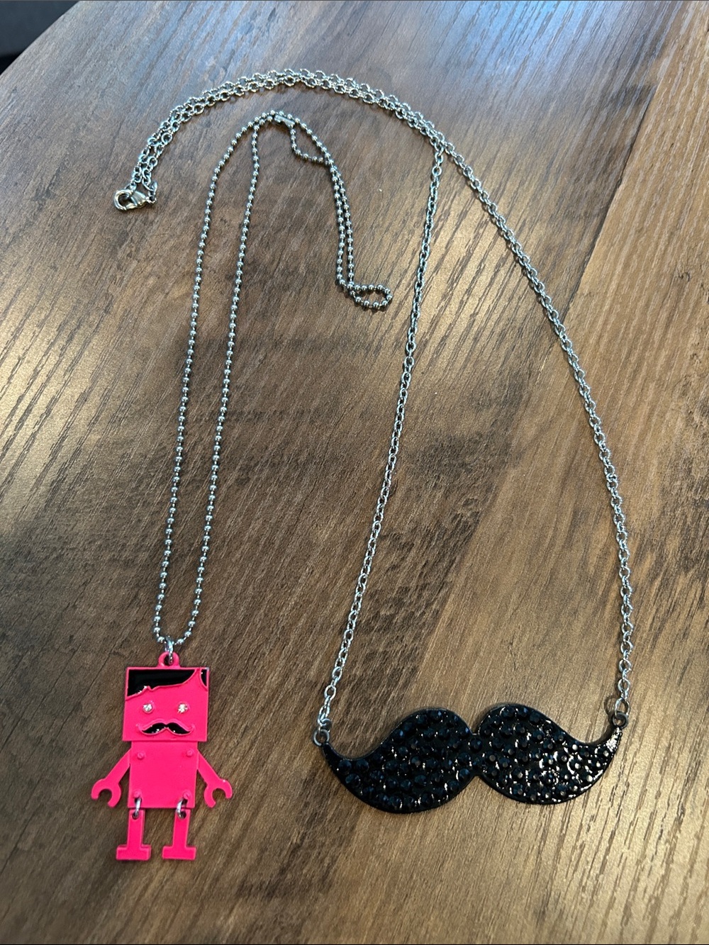 Whimsical Chain Necklaces with Pink Robot and Black Mustache Pendants